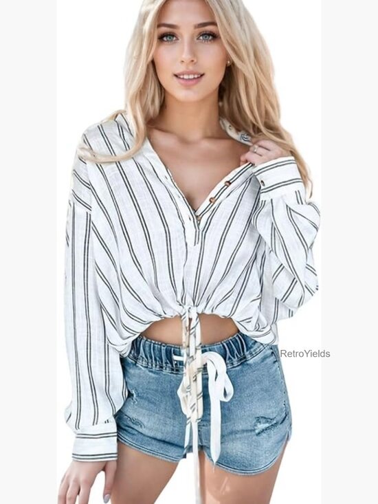 Tops - Cropped Button Down Shirt Oversized Striped Long Sleeve Drawstring Hem Blouse